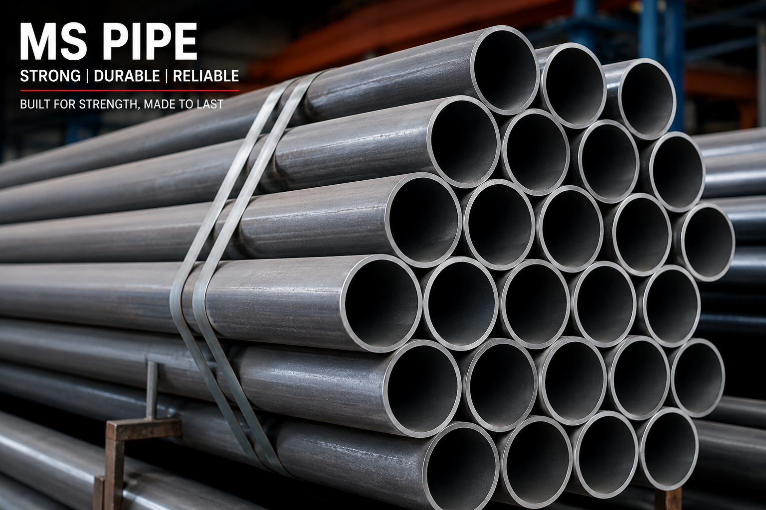 Mild Steel Pipes IS 1239 bundles stacked in steel warehouse yard - mildsteelpipesupplier.com